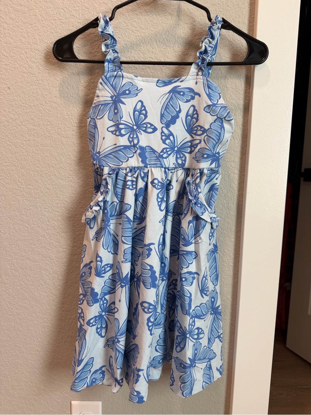 Girls' Blue Butterfly Casual Sundress with Ruffle Straps